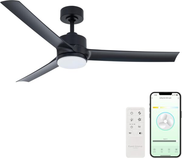 Cyclone Collection Smart Indoor and Outdoor 52in 3-Blade Ceiling Fan 2700K-6000K CCT Selectable LED Light Kit in Matte Black with Remote Control Works With iOS or Android App