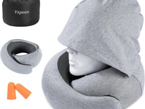 Travel Pillow - Hooded Neck Pillow Airplane, Memory Foam Pillow for Plane, Office, Cars Sleeping, Long Flight Must Haves, Road Trip Essentials Accessories for Adults (Light Gray)