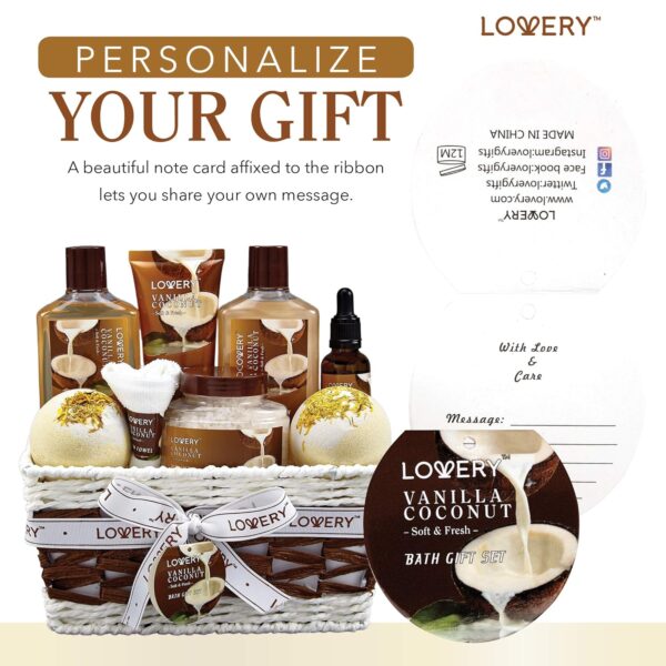 Gifts For Women Gift Basket for Women– 9 Piece Set of Vanilla Coconut Home Spa Set, Includes Fragrant Lotions, Extra Large Bath Bombs, Coconut Oil, Luxurious Bath Towel & More - Image 2