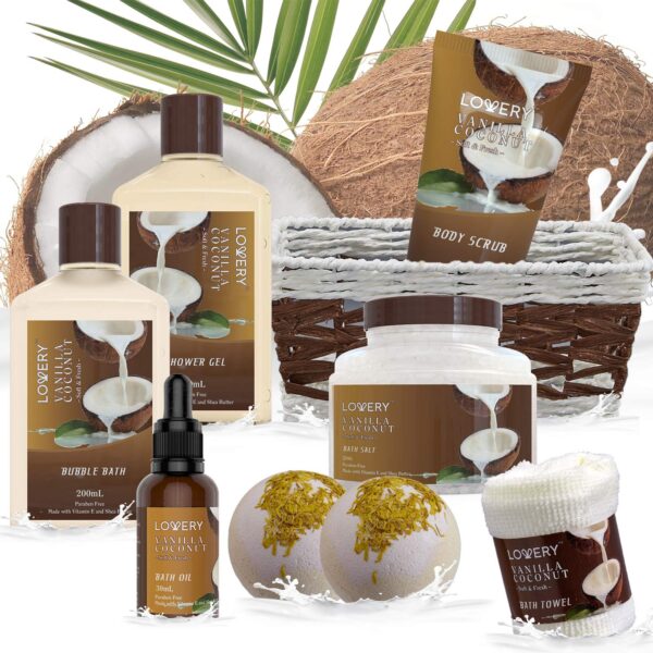 Gifts For Women Gift Basket for Women– 9 Piece Set of Vanilla Coconut Home Spa Set, Includes Fragrant Lotions, Extra Large Bath Bombs, Coconut Oil, Luxurious Bath Towel & More - Image 4