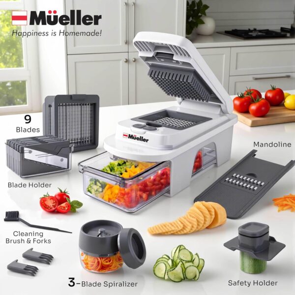 Mueller Pro-Series All-in-One, 12 Blade Mandoline Slicer for Kitchen, Food Chopper, Vegetable Slicer and Spiralizer, Cutter, Dicer, Grater, Kitchen Gadgets Sets with Container, White Sand/Gray - Image 2
