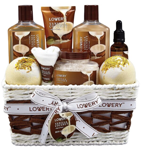 Gifts For Women Gift Basket for Women– 9 Piece Set of Vanilla Coconut Home Spa Set, Includes Fragrant Lotions, Extra Large Bath Bombs, Coconut Oil, Luxurious Bath Towel & More - Image 5