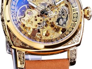 FORSINING Watches for Man, Square Retro Mechanical Watch Self-Wind Carved, Skeleton Automatic Watches Vintage Leather Strap Wristwatch