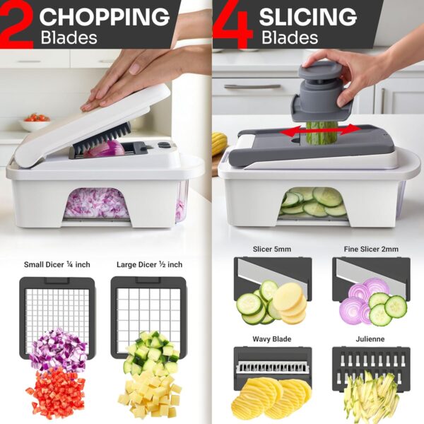 Mueller Pro-Series All-in-One, 12 Blade Mandoline Slicer for Kitchen, Food Chopper, Vegetable Slicer and Spiralizer, Cutter, Dicer, Grater, Kitchen Gadgets Sets with Container, White Sand/Gray - Image 3