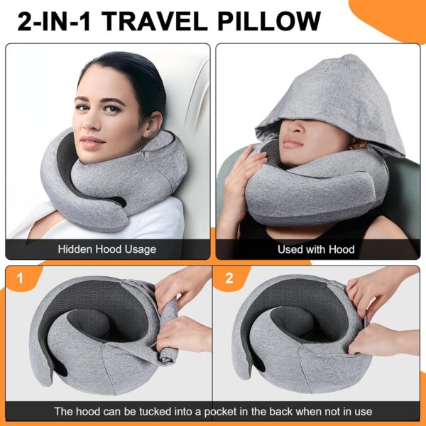 Travel Pillow - Hooded Neck Pillow Airplane, Memory Foam Pillow for Plane, Office, Cars Sleeping, Long Flight Must Haves, Road Trip Essentials Accessories for Adults - Image 4