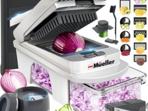 Mueller Pro-Series All-in-One, 12 Blade Mandoline Slicer for Kitchen, Food Chopper, Vegetable Slicer and Spiralizer, Cutter, Dicer, Grater, Kitchen Gadgets Sets with Container, White Sand/Gray
